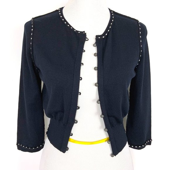 Vintage Carlisle Knit Silk Blend Crop Cardigan Polka Dot Trim Sz S - Picture 2 of 16